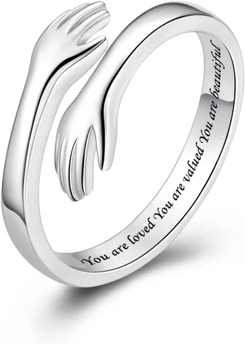 Vista 23 de Anillos de abrazo de plata esterlina S925 para mujeres, adolescentes y niñas, anillo ajustable para nieta, hija, esperanza, promesa, amistad, anillo