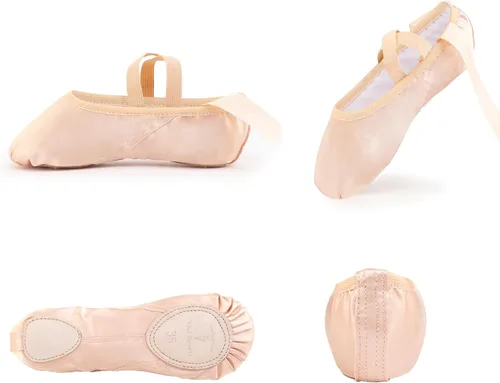 Vista 6 de Zapatos de ballet para niñas, zapatillas de ballet rosas con suela dividida de satén para mujer, zapatos de baile planos con cinta para yoga