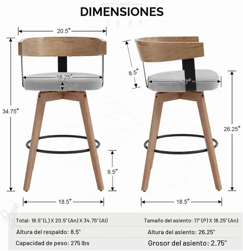 Vista 2 de HEAH-YO Taburete de bar giratorio 1 pieza, taburete de altura de mostrador de 26 pulgadas con respaldo de barril, gris, estilo moderno de mediados