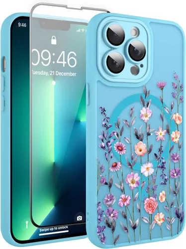 Vista 140 de Magnético para iPhone 13 con protector de pantalla [Compatible con MagSafe] Diseño de patrón floral de flores bonitas, funda delgada a prueba