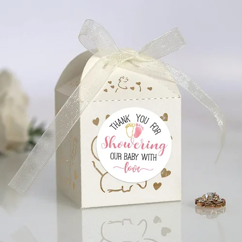 Vista 5 de Calcomanías rosadas para baby shower, gracias por duchar a nuestro bebé con amor, recuerdos de baby shower para niñas, 2 pulgadas, paquete de 50