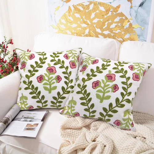 Vista 30 de Alysheer Fundas de almohada decorativas bordadas florales de primavera de 18" x 18", juego de 2, fundas de cojín de algodón con patrón acolchado