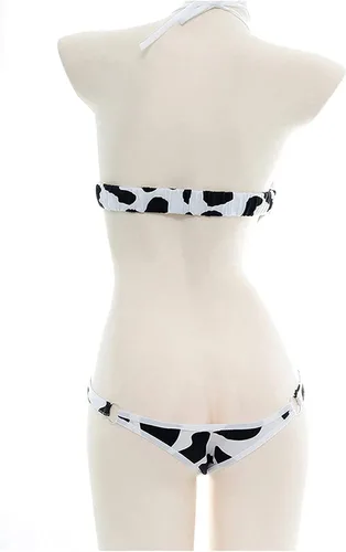 Vista 4 de KKmeter Disfraz de vaca para mujer, de malla transparente, conjunto de lencería de peluche, cuello halter, leotardo, delantal de sirvienta, traje