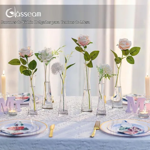 Vista 3 de Glasseam - Jarrones de cristal para flores: juego de jarrones pequeños y delgados transparentes de 6 piezas 7.8" Tall, Table Centerpieces for