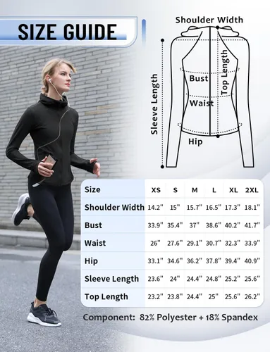 Vista 6 de CHAMWEY Chaquetas para correr para mujer, ajuste delgado, resistente al viento, agujeros para el pulgar, bolsillos con cremallera completa