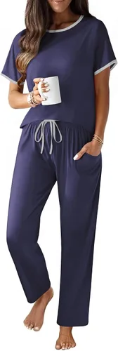 Vista 19 de Ekouaer - Conjunto de pijama de 100% algodón para mujer, manga corta, con pantalón largo, 2 piezas, juego de ropa para dormir con bolsillo