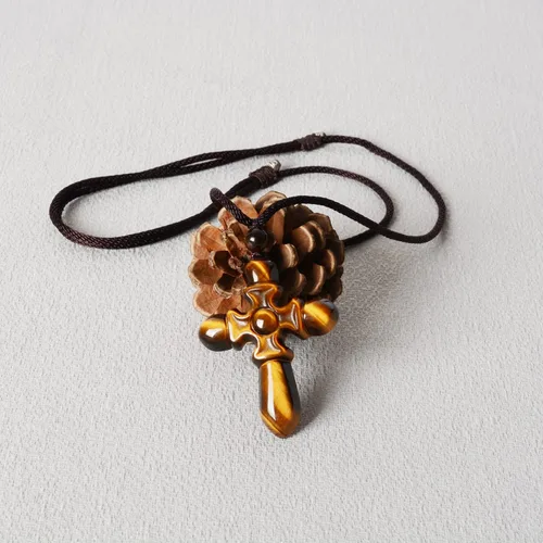 Vista 2 de QIANXU Collares de cruz de cristal de ojo de tigre para mujeres y hombres, amuleto de protección de Jesús, collar con colgante de joyería curativa