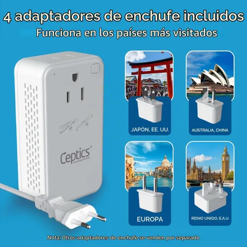 Vista 2 de Ceptics Convertidor de voltaje reductor de 200 W – Convertidor de voltaje de 220 V a 110 V para rizador, alisador, cargador – Carga rápida USB-A y C