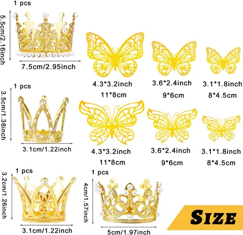 Vista 3 de Juego de 29 adornos dorados para tartas, 4 coronas, 24 piezas de decoración de mariposa dorada en 3D, 1 adorno de pastel de feliz cumpleaños, mini