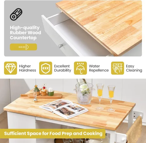 Vista 7 de Giantex Carrito de isla de cocina con ruedas, mesa de isla rodante con parte superior de madera de caucho, cajón, estante para especias de 3
