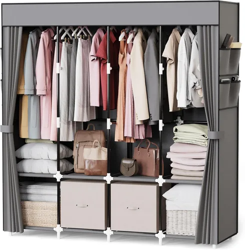 Vista 12 de Mavivegue Armario portátil, Armario de ropa, Armario portátil para colgar ropa, para dormitorio y sala de estar, Negro, 2 filas, 34" de ancho x 18