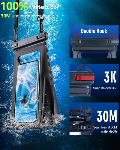 Vista 3 de Bolsa impermeable flotante para teléfono, [espacio expandible] IPX8 Bolsa seca impermeable para iPhone 16 15 14 13 Pro Max Samsung S25 S24 S23