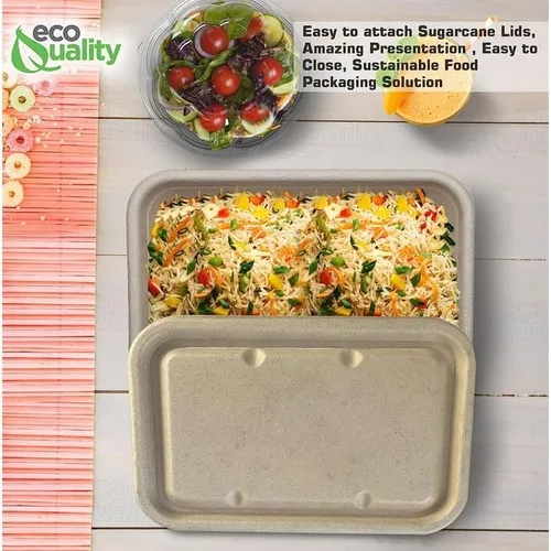 Vista 7 de EcoQuality Cuencos desechables de 34 onzas con tapas de fibra, cuencos rectangulares de papel biodegradable de fibra de caña de azúcar compostable