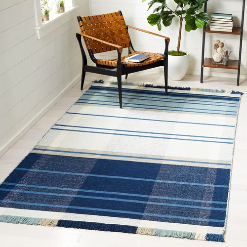 Vista 9 de SAFAVIEH Striped Kilim Collection STK707M - Alfombra de lana de tejido plano de 2 pies 3 pulgadas x 8 pies, color azul/beige