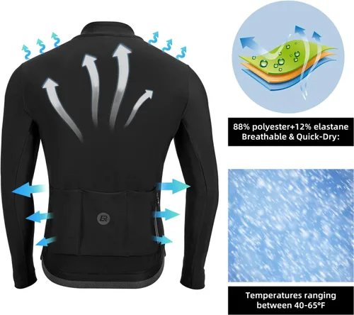 Vista 3 de ROCKBROS Cycling Jersey Men Long Sleeve Bike Shirt Bike Jersey for Men with Full Zipper and Rear Pockets Fit Outdoor Sports