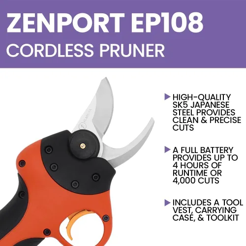 Vista 9 de Zenport Podadora eléctrica inalámbrica EP108, podadora eléctrica con batería pequeña, corte de 1 pulgada