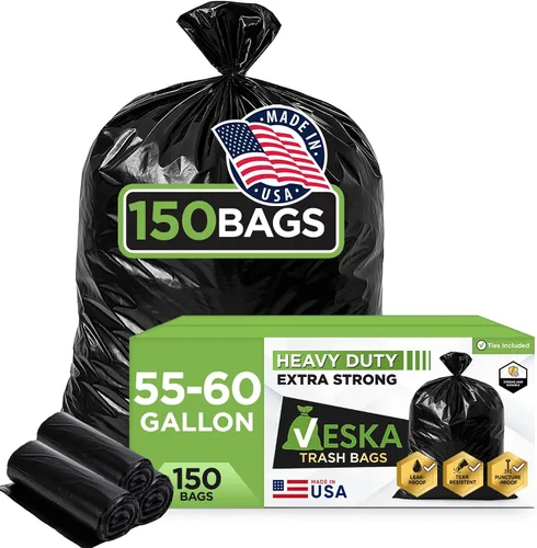 Vista 10 de Veska Bolsas de basura de 55 galones, (paquete económico de 50 bolsas con lazos), bolsas de basura grandes de 55 galones, bolsas de basura