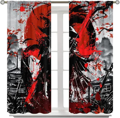 Vista 8 de Cortinas opacas con temática japonesa para sala de estar, cortinas de ventana con diseño de samuráis de anime en acuarela y flores de cerezo