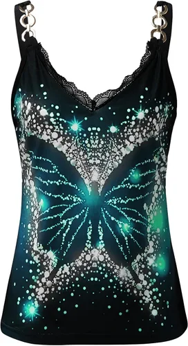 Vista 3 de Camisetas sin mangas para mujer cuello en V casuales sin mangas elegantes con encaje transparente blusas con estampado floral Blanco