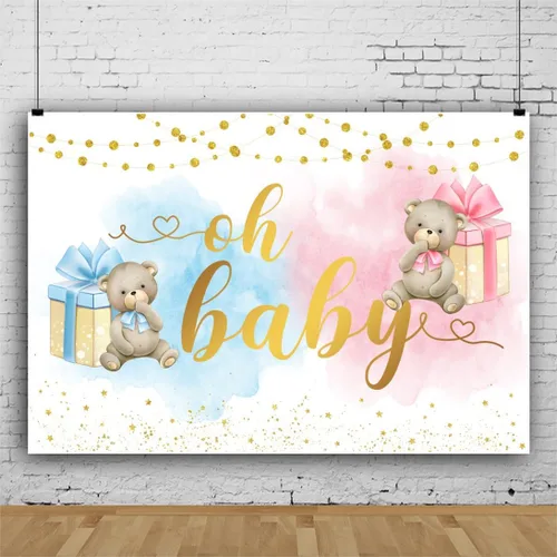 Vista 3 de Telón de fondo de baby shower Oh Boy de 7 x 5 pies para fotografía, fondo de regalo de oso azul y rosa para bebé, niña, niño, recién nacido