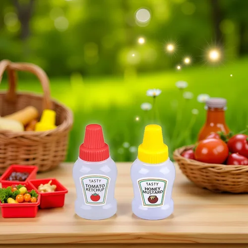 Vista 4 de 4 pares de mini botellas de ketchup para accesorios de caja Bento, 0.8 onzas líquidas, botellas vacías de salsa de tomate japonesa para aderezo