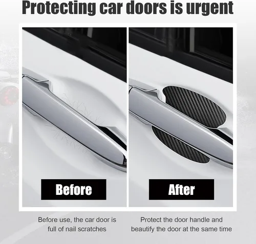 Vista 5 de Kewucn 4 calcomanías para manija de puerta de automóvil, películas protectoras de fibra de carbono para manija lateral de puerta, protector Negro