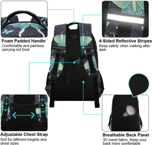Vista 4 de ALAZA Mochilas de viaje con diseño de mariposa, luna y estrella, color azul turquesa, mochila escolar para hombres, mujeres, adolescentes y niños