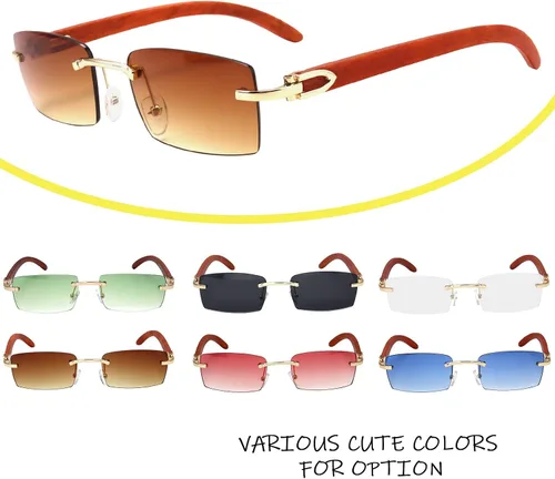 Vista 8 de Dollger Gafas de sol rectangulares sin montura para hombres y mujeres diseño de madera hip-hop pequeñas gafas de sol cuadradas sin marco de los años