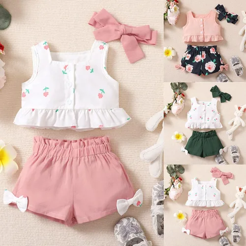 Vista 2 de TBUIALL Toddler Baby Girl Clothes Set Toddler Girl Clothes Off Shoulder Sleeveless Tops Floral Shorts Baby Girls Swaddles