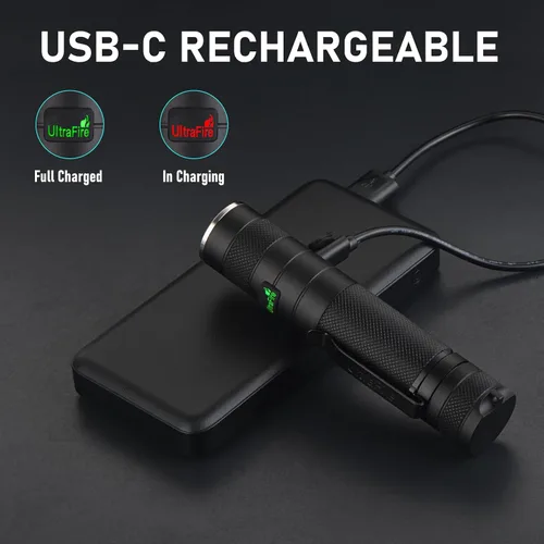 Vista 4 de ULTRAFIRE Linterna táctica y funda de 1200 lúmenes, 3 modos de luz flash recargable USB-C para EDC, camping y paseo de perros