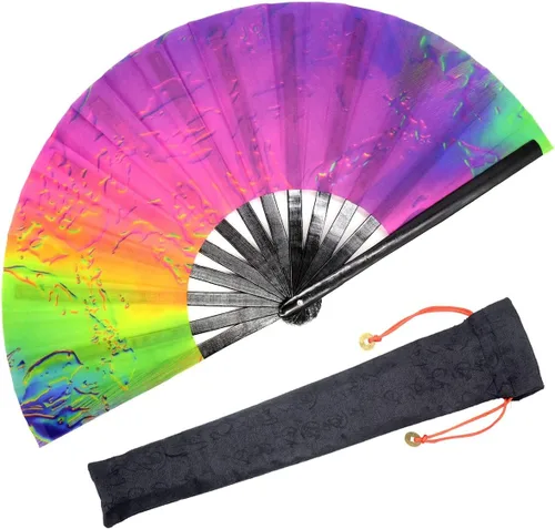 Vista 10 de OMyTea Rave Clack - Ventilador de mano para hombres y mujeres – Ventilador de mano plegable de bambú chino japonés – para EDM, festival de música