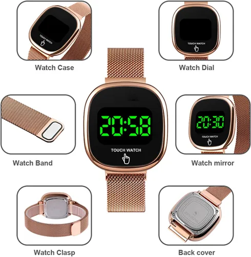 Vista 5 de MASTOP Reloj digital electrónico LED unisex, correa de malla inoxidable, resistente al agua, fecha táctil, cierre magnético, dorado