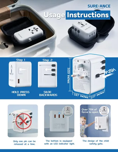 Vista 5 de Adaptador de viaje universal de 67 W con USB C, adaptador de enchufe de viaje internacional SUREANCE World, 67 W de carga rápida USB-C