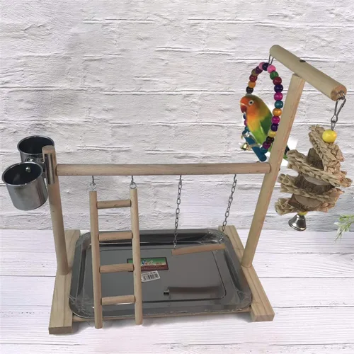 Vista 4 de Hamiledyi Parrot Playground Bird Play Stand Play Gym con comederos, columpios, escalera y bandeja, parque infantil de madera para periquitos