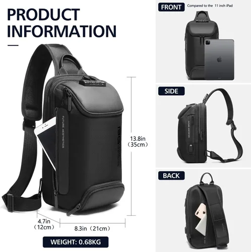 Vista 5 de Tfro & Cile Bolso bandolera para hombre, bolsos cruzados, mochilas de hombro, mochila casual, mochila de pecho negro para senderismo montar