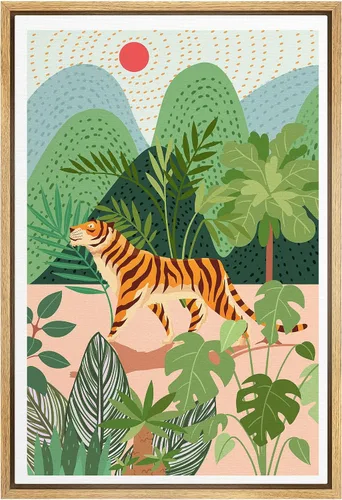 Vista 21 de bestdeal depot Lienzo enmarcado para pared, arte geométrico de sol y montaña, reflejo del mar, naturaleza, ilustraciones de área silvestre, arte