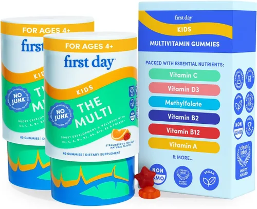 Vista 10 de First Day Gomitas multivitamínicas para niños de 4 años en adelante, fresa y naranja, vitaminas para niños, gomitas multivitamínicas A C D3 K2 B1 B2