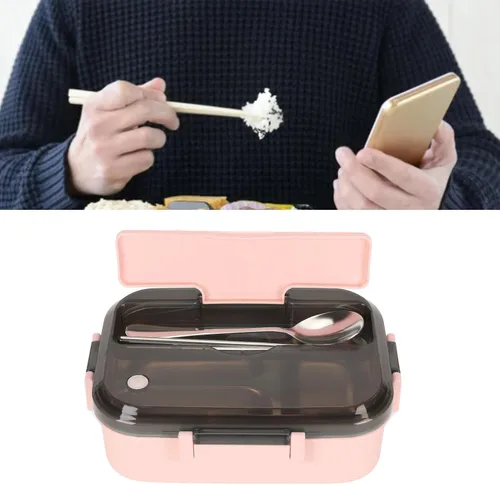 Vista 2 de TOPINCN Lonchera con 3 compartimentos, contenedor de acero para comida con palillos, contenedor de almuerzo con aislamiento térmico