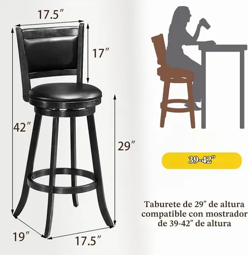 Vista 3 de ERGOMASTER Taburetes de bar giratorios de 24 pulgadas con respaldo, madera de caucho, negro, juego de 2