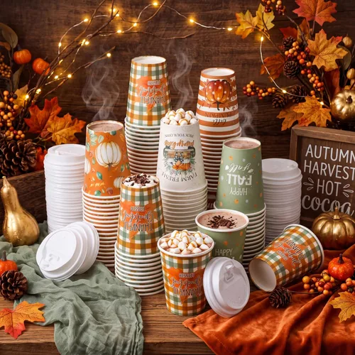 Vista 15 de Gerrii - Juego de 100 vasos de papel de Navidad de 12 onzas con tapas, acogedor invierno