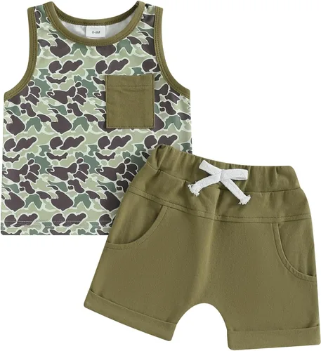 Vista 79 de Ropa de bebé niño sin mangas + pantalones cortos con estampado a rayas con bolsillos, 2 piezas de trajes de verano