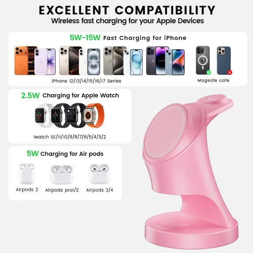 Vista 3 de Estación de carga inalámbrica 3 en 1 para dispositivos Apple Magsafe - Cargador para iPhone 17 16 15 14 13 12 AirPods 2/3/4/Pro iWatch Rosa