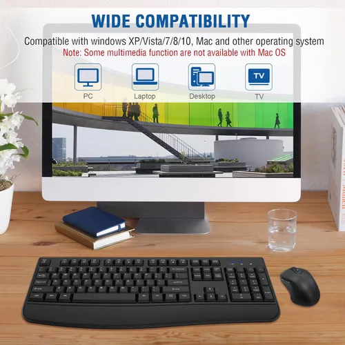 Vista 7 de Combo de teclado y mouse inalámbricos, EDJO, teclado ergonómico de tamaño completo de 2.4G para computadora con reposa muñecas y mouse inalámbrico