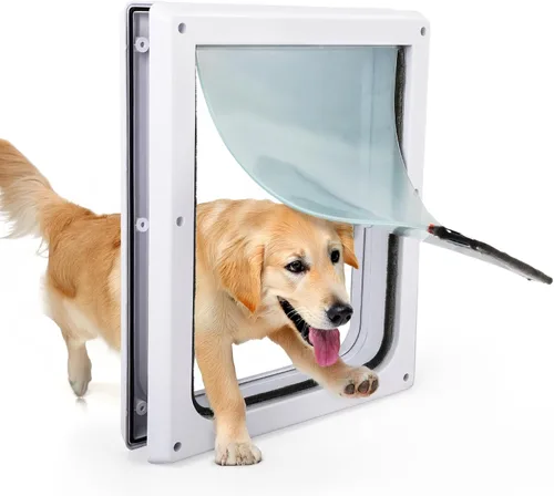 Vista 10 de PAWISE Puerta de perro de 2 vías, puerta para perro con cerradura con panel de metal seguro y solapa transparente flexible, resistente a
