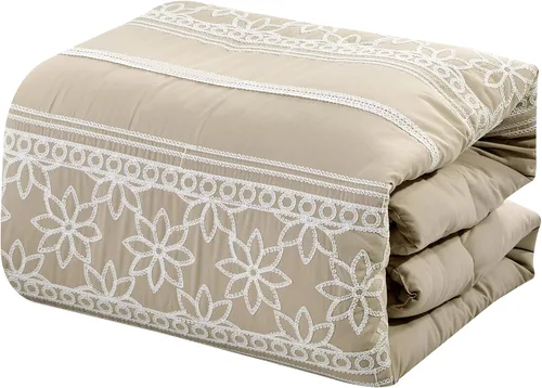 Vista 4 de ESCA Juego de edredón Hypatia beige de 7 piezas, tamaño Queen, bordado, estilo bohemio, ropa de cama floral
