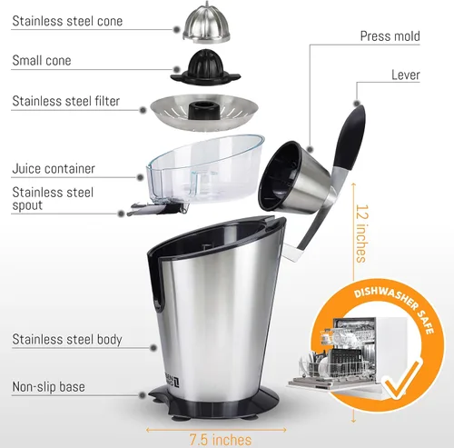 Vista 2 de LEBENLANG Exprimidor de cítricos eléctrico con alto rendimiento de jugo Exprimidor de jugo de naranja 200W + 2 conos Exprimidor de limones