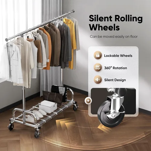 Vista 4 de HOKEEPER Percheros para colgar ropa resistente, perchero portátil con ruedas bloqueables, perchero ajustable para dormitorio, sala de estar