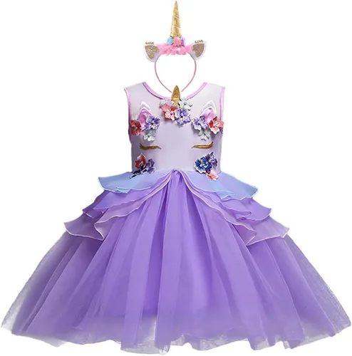 Vista 10 de Vestido de cumpleaños de unicornio para bebé, disfraz de princesa, Halloween, cosplay, Navidad, carnaval, fiesta con diadema