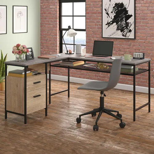 Vista 2 de Sauder Market Commons - Escritorio en L de madera y metal en roble Prime