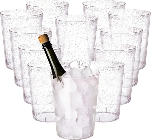 Vista 9 de Tiawudi Paquete de 12 cubos de hielo de plástico para fiestas, enfriador de vino transparente con purpurina dorada para bodas, bueno como un